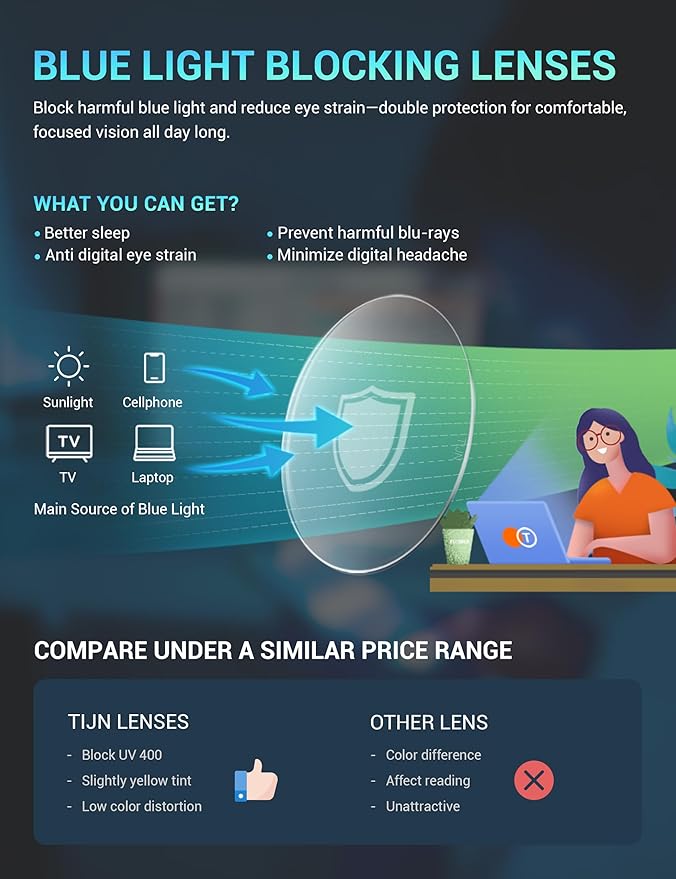 TIJN Blue Light Blocking Glasses for Women Men TR90 Frame Square Nerd Eyeglasses Anti Blue Ray Computer Screen Glasses