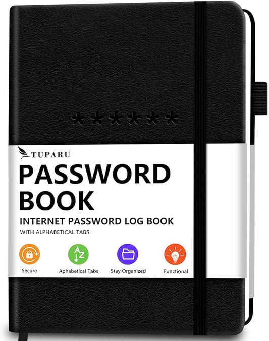 Password Book with Alphabetical Tabs – Hardcover Internet Address & Password Organizer – Password Keeper Notebook for Computer & Website – 7 x 10" Log-in Password Journal w/Thick Paper (Black)