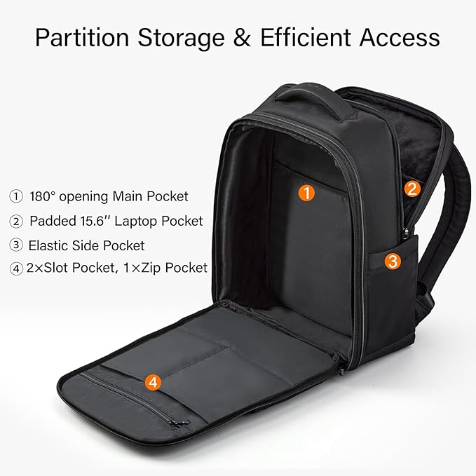 Hanke Expandable Travel Backpack 17 Inch, Full-Open Laptop Backpack Fits 15.6 Inch, Carry On Personal Item Bag with Luggage Strap, Business Work Backpack for Women Men, Black