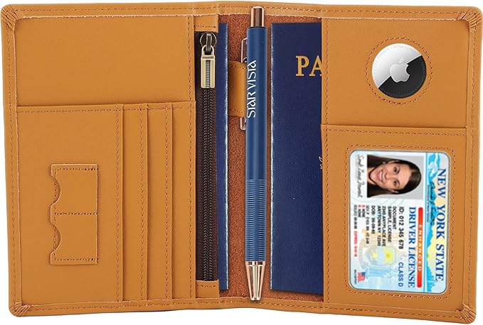 STAR VISTA Phoenix Leather Passport Holder, Calfskin Leather Travel Wallet - RFID Blocking, ID Window, Zipper Pocket, Pen & Notebook Included, AirTag Holder, Honey