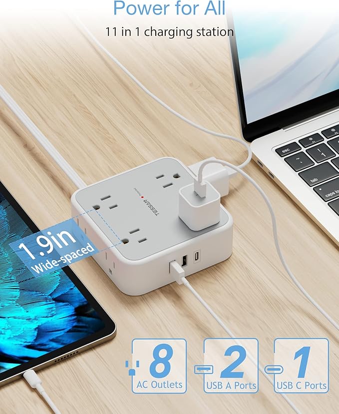 TESSAN Surge Protector Flat Extension Cord Flat Plug Power Strip, 8 AC Outlets, 3 USB Charger(1 USB C Port) 3 Sided Outlet Extender, 5 Ft, 900 Joules Protection, Office Supplies, Dorm Room Essentials