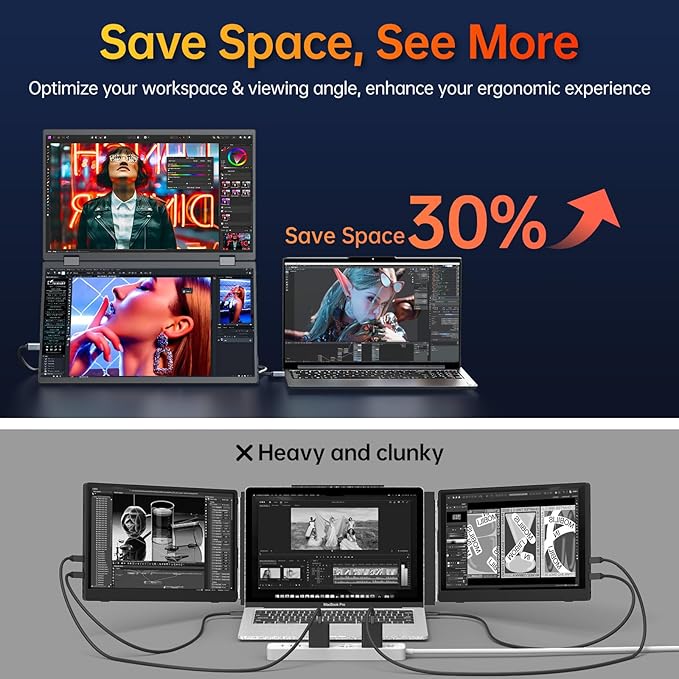 VisionOwl 15.6" Dual Foldable Portable Monitor 1080P, 107% sRGB, ΔE<2, USB-C, HDMI, Stacked Screen Extender, DisplayLink Compatible, Built-in Kickstand, VESA Holes for Laptop PC Mac Windows