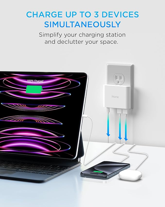 iHome 32W AC Pro Multi Port USB Wall Charger Block - Charging Station for Multiple Devices with 3 Ports (1 USB-C, 2 USB-A) - Fast Charging, Universal Compatibility