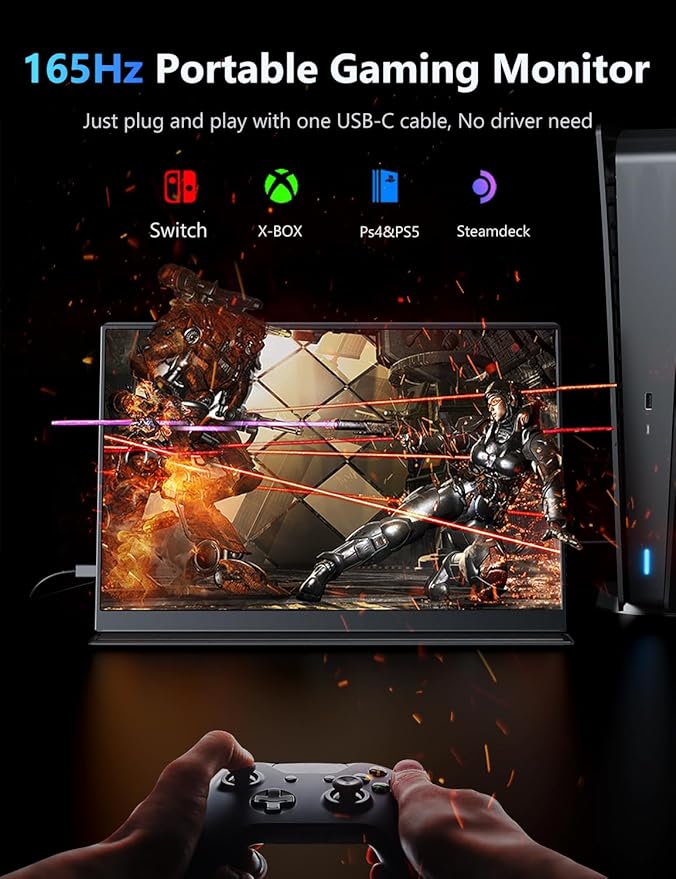165Hz Portable Gaming Monitor, 16" 1920x1200 500 Nits Laptop Monitor, Second Computer Display with Speakers, Dual Screen Travel Monitor for PC Phone PS5/4 Xbox Switch