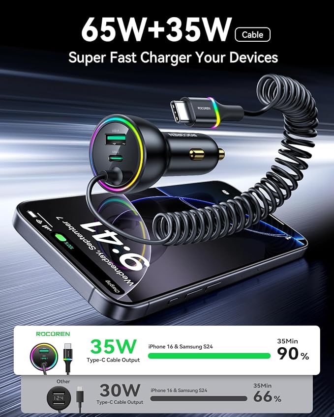 Rocoren 70W Car Charger for iPhone 17/16 Pro Max, USB C Car Charger Fast Charging with 8.2Ft Type C Coiled Cable, Super Fast Cigarette Lighter USB C Phone Adapter for iPhone 15, iPad, Samsung, Android