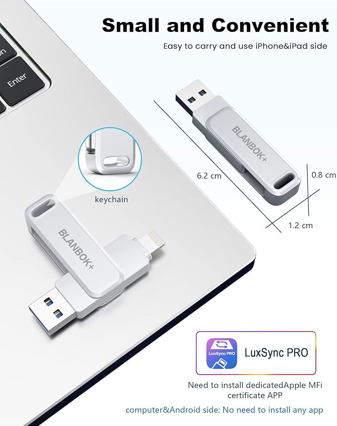 MFi Certified 256GB Flash Drive for iPhone Photo Stick, USB Memory Stick High Speed iPhone Flash Drive, External Memory Storage USB Stick Thumb Drive for iPhone/iPad/Android/PC (Metallic Silver)