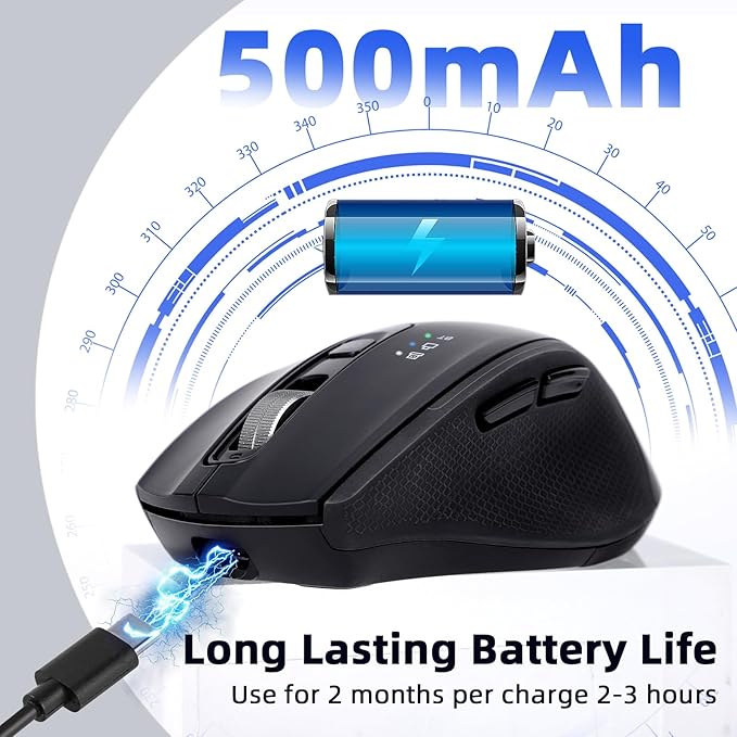 Wireless Mouse with Bluetooth, USB-A, USB-C Receiver, Rechargeable, Full-Size Mouse, Silent, Ergonomic, for MacBook/Laptop/Computer/PC/iPad-Black