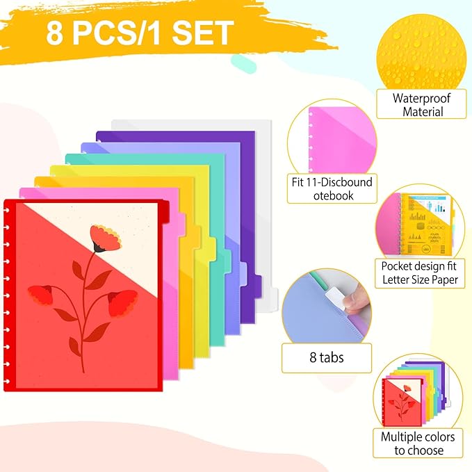 8 Pcs Discbound Pocket Dividers 8.5 x 11 Dividers with Tabs and Pockets Discbound 8 Tab Pocket Folders Letter Size Binder Divider Plastic Disc Planner Supplies for Business School Office(Colorful)