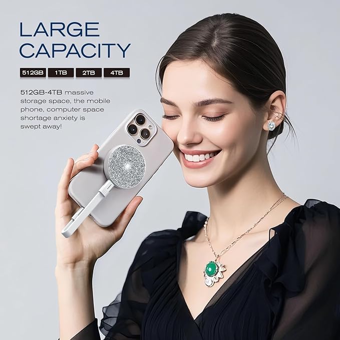 1TB Magnetic Portable SSD, USB-C 3.2 Gen 2x2 External Solid State Drives w/Speeds Up to 2000MB/s, Compact & Durable, Compatible with iPhone 15/16 Series & Other USB-C Devices, Diamond Silver