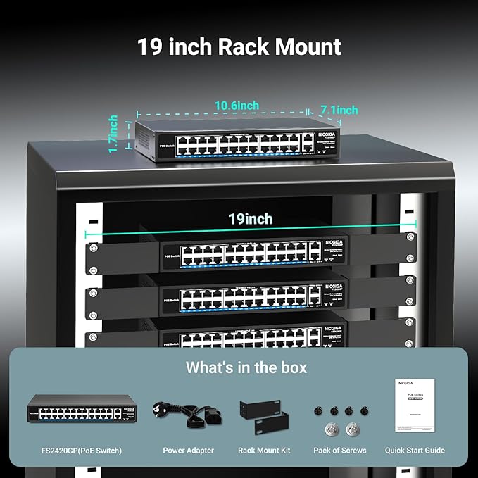 24 Port PoE Switch Unmanaged, 24 Port PoE+@400W, 2 Gigabit Uplink Ports, NICGIGA 26 Port Network Power Over Ethernet Switch, VLAN Mode, 250m Extend, 19 inch RackMount, Plug and Play.