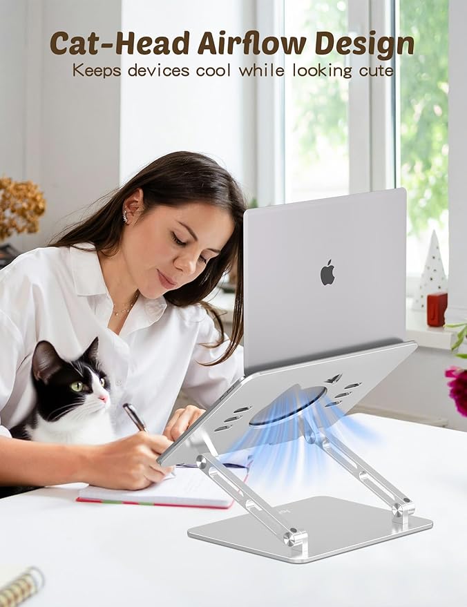 Laptop Stand for Desk – Portable Adjustable Laptop Riser & Holder, Foldable Computer Stand Compatible with MacBook Air Pro, Dell, HP, Lenovo (10"-17.3"), Featuring Cat Panel Design, Silver