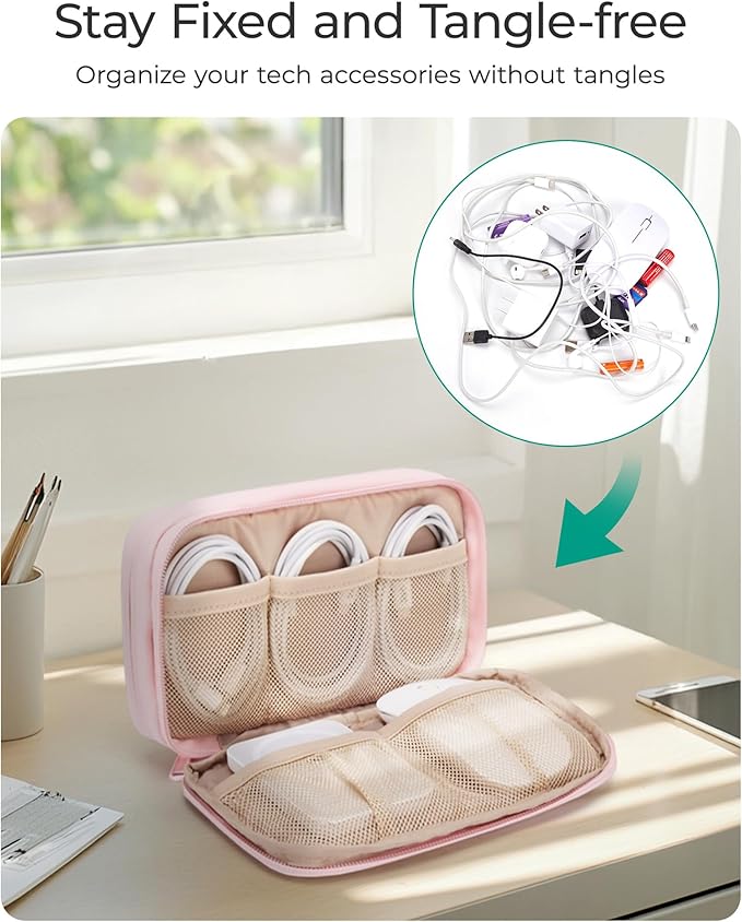 BAGSMART Electronics Organizer Travel Case, Cord Storage for Chargers Cables Phones, Compact Tech Accessories Pouch, Beige