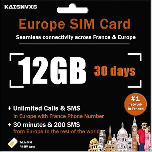 Prepaid SIM Card for Europe Travel with 12GB of 4G Data, Unlimited Calls and SMS in Europe with France Phone Number, 30 mins and 200 SMS from Europe to Worldwide(Lasts for 30 Days),Tethering Allowed
