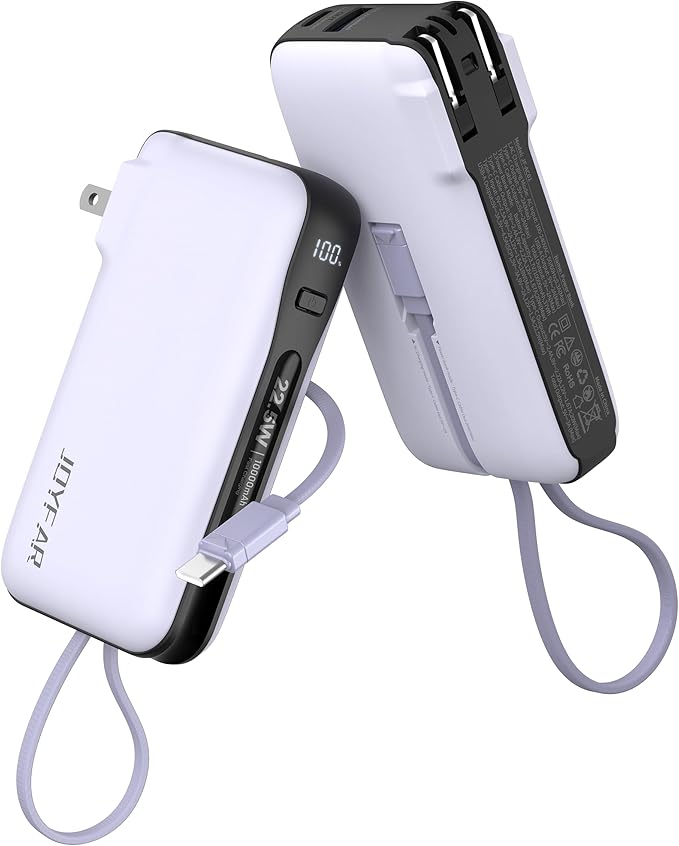 Portable Charger with Built-in USB-C Cable & Plug, 10,000mAh 5V/4.5A Power Bank Fast Charging 22.5W, Travel Essential Battery Pack 3 Output for iPhone 16/15 Series, Samsung Galaxy, iPad, 1 Pack