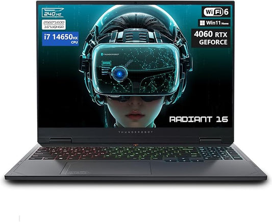 Thunderobot Radiant 16 4060 2.5K Gaming Laptop, 16" WQXGA 240Hz Display, 14th Gen i7-14650HX, GeForce RTX 4060, 32GB DDR5 RAM, 1TB PCIe SSD, RGB Backlit Keyboard, Wi-Fi 6, Win 11, Gray