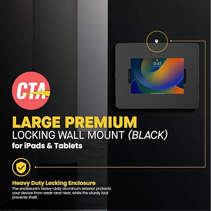 Locking iPad Wall Mount - CTA Anti-Theft Large Locking Tablet Enclosure w/ Key Lock and Interior Cable Routing for iPad Pro 12.9", Surface Pro 3, 4, 5, 6, 7, 8, X - Black - (PAD-PLWB)