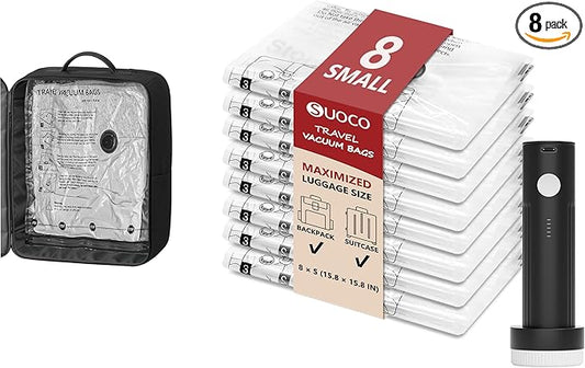 SUOCO Travel Vacuum Seal Bags for Clothing with Rechargeable Electric Pump, 8 Small Compression Packing Bags for Luggage Suitcase Backpack, Carry-on Size Space Saver Storage