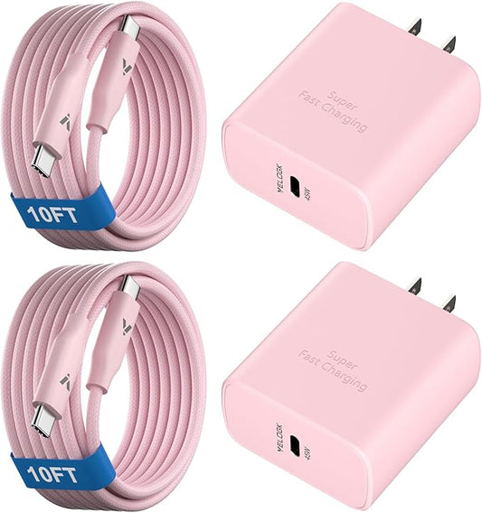 45W Super Fast Charger USB C, 45 Watt Type-C Android Phone Charger Fast Charging Block with 10FT Type C Cords for Samsung Galaxy S25 Ultra/S24 Ultra/S24+/S23 Ultra/S22 Plus/S20, Tab S9/S8 Ultra(Pink)