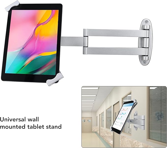 Tablet Wall Mount Holder with fold,Extend Adjustable Arm Swivel &Anti Theft Security Lock &Key, Multi Angle,Bracket for Most 7 to10.8 Inch,for iPad 10.9&11,Galaxy tab,& More(Silver)