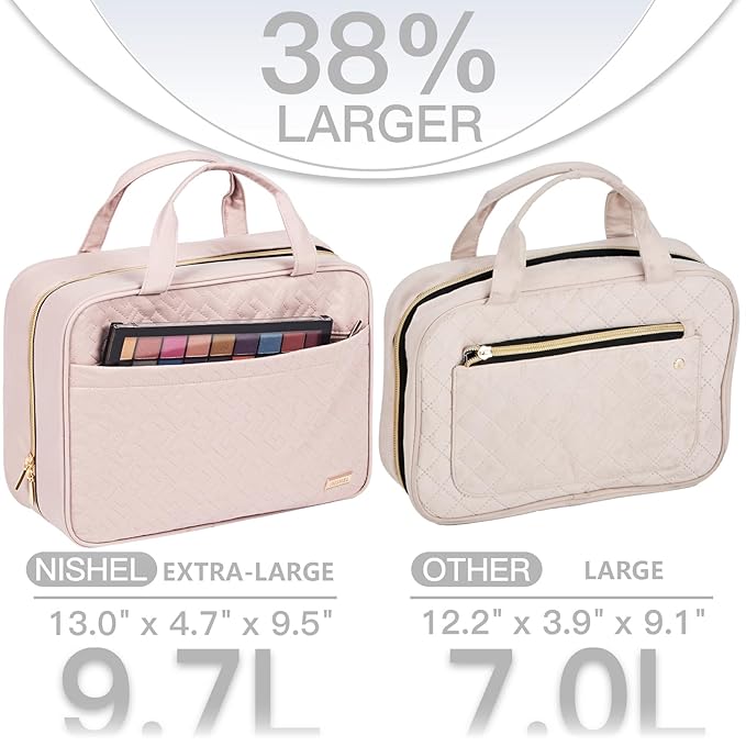NISHEL Travel Toiletry Bag for women, Portable Hanging Organizer for Family-Sized Shampoo, Conditioner, Brushes Set, Makeup Accessories, Extra Large Size, Pink