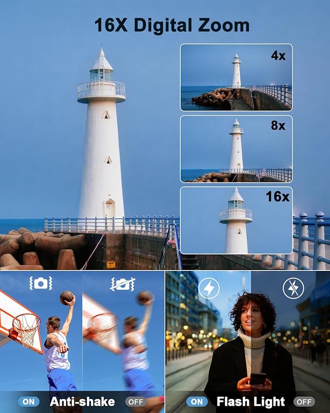 4K Digital Camera for Photography, WiFi 64MP Autofocus Vlogging Camera for YouTube, 3" 180° Flip Screen, 16X Zoom Antishake Compact Point and Shoot Travel Cameras with 32GB SD Card, 2 Batteries, Black