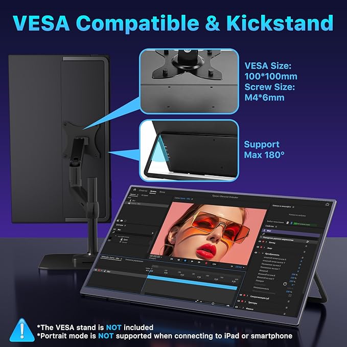 Portable Monitor 23.8" 4K 3840X2160 144% sRGB 60Hz IPS HDR HDMI USB-C Travel Monitor for Laptop MacBook PC Surface PS5 Xbox, Large External Display with Kickstand & Speakers, VESA Compatible