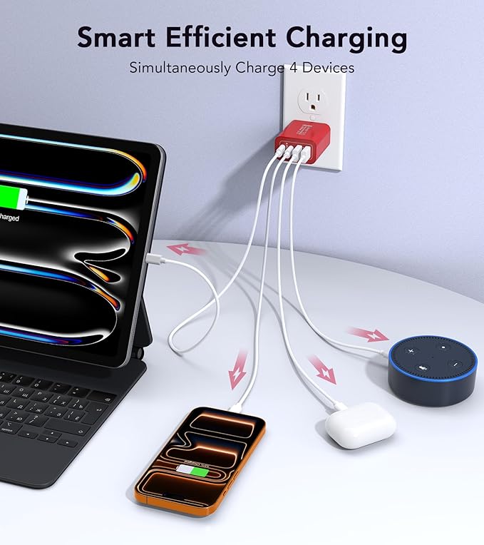 40W USB C Wall Charger, 2-Pack Super Fast Charging Block PD+QC 4 Port Charger Cube for iPhone 17/16,iPad Pro/Mini/Air, iPod Nano, iPod Touch, Switch, Smart Phone, Smartwatches and Tablet(Red)