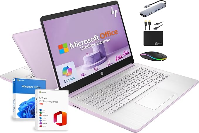 HP 14" Laptop 2025 Business Student Slim Computer, Lifetime MS Office, Copilot AI, Quad-Core Intel CPU, 16GB RAM, 628GB Storage (128GB UFS+500GB Ext), MarxsolAccessory, Wi-Fi 6, Win 11 Pro, Lavender