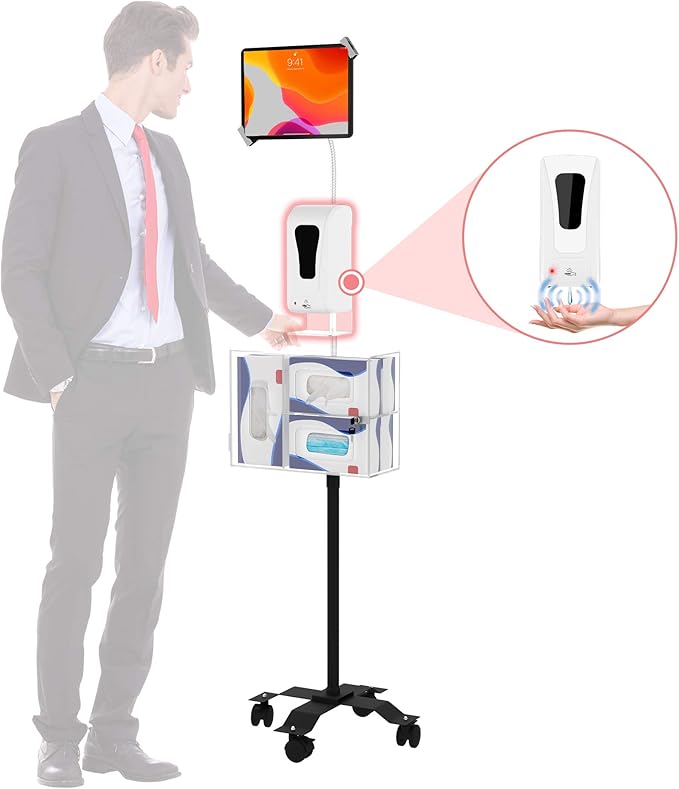 Compact Security Stand - CTA Secure Gooseneck Floor Stand with Sanitizing Station & Automatic Soap Dispenser for, iPad 7th/ 8th/ 9th Gen 10.2" & Other 7-13" Tablets (PAD-SCGSST)