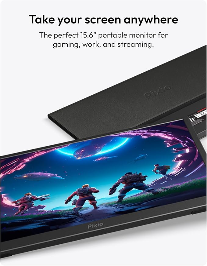 Pixio PX160 Wave Portable Monitor 15.6 inch 60Hz FHD 1080p IPS Panel HDR Screen Cover Stand USB-C HDMI Laptop Screen Extender Portable Monitor for Laptop, PC, Console, Phone