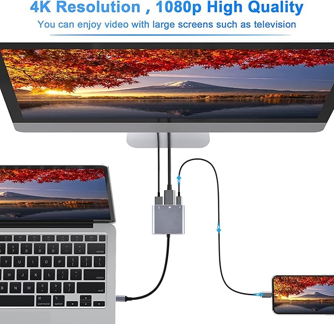 Battony Multiport AV Adapter with 4K HDTV Output USB 3.0 Port & USB-C Fasting Charging Port Compatible for MacBook Pro M1/16-20 Air M1/18-20 Ipad pro iMac and Other usbc Devices