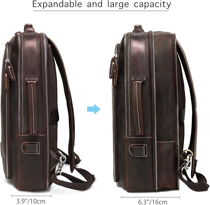 LANNSYNE Men's Full Grain Leather Expandable 15.6 Laptop Backpack Tote Shoulder Travel Bag Rucksack