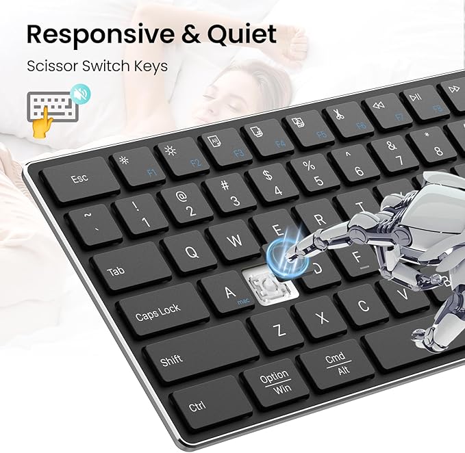 2.4G Wireless and Bluetooth Keyboard with Numeric Keypad, Multi-Device, Rechargeable, Compatible with Mac, Windows (Black)