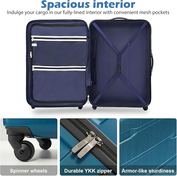 Coolife Luggage Expandable 3 Piece Sets PC+ABS Spinner Suitcase 20 inch 24 inch 28 inch (Caribbean Blue., 3 piece set)