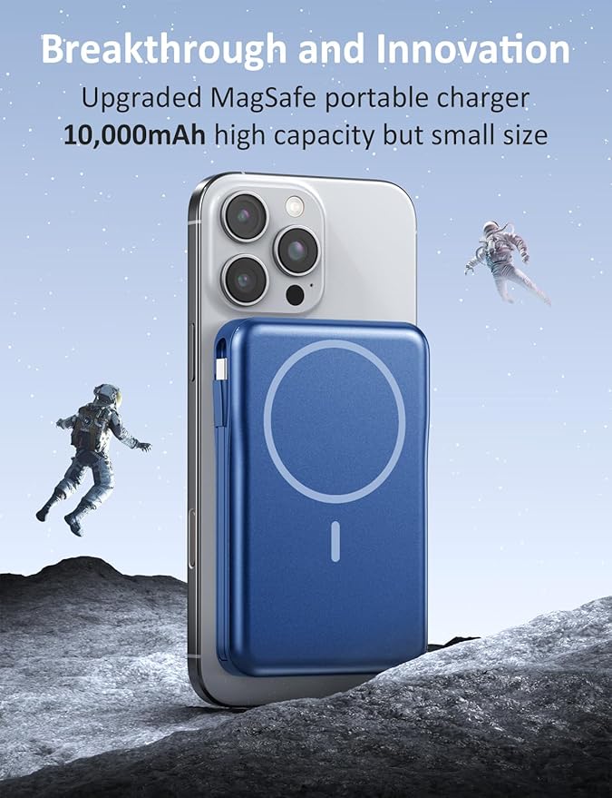 Magnetic Portable Charger, 10000mAh Power Bank, 5 in 1 Portable Charger with Built in Cable, 20W Fast Charging for Magsafe Battery Pack Compatible with iPhone 16/15/14/13 Pro/Pro Max, Samsung Series