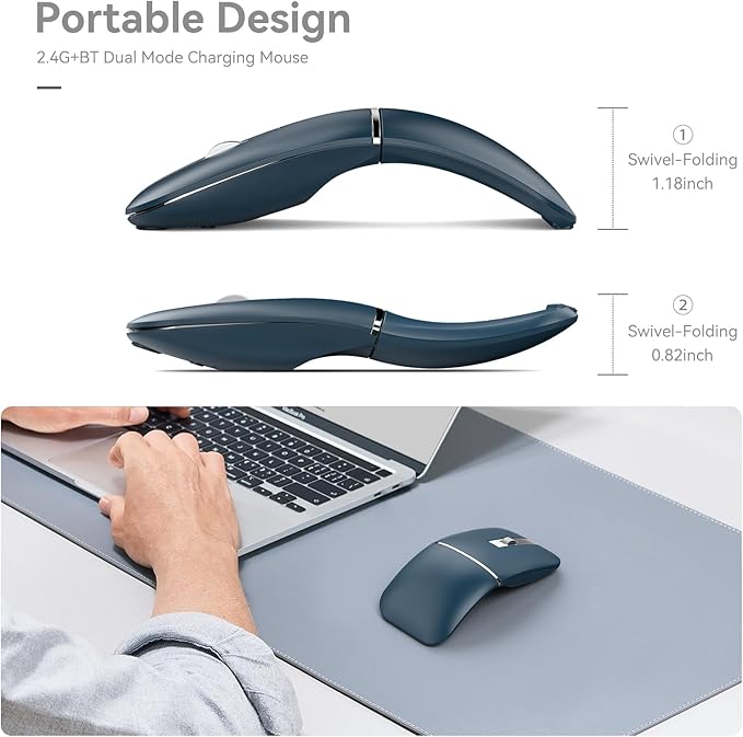 Foldable Bluetooth Travel Mouse - Rotatable Wireless, 2.4G Rechargeable Mouse with USB Receiver, Compatible with Computer, Laptop, Notebook, PC (Blue)