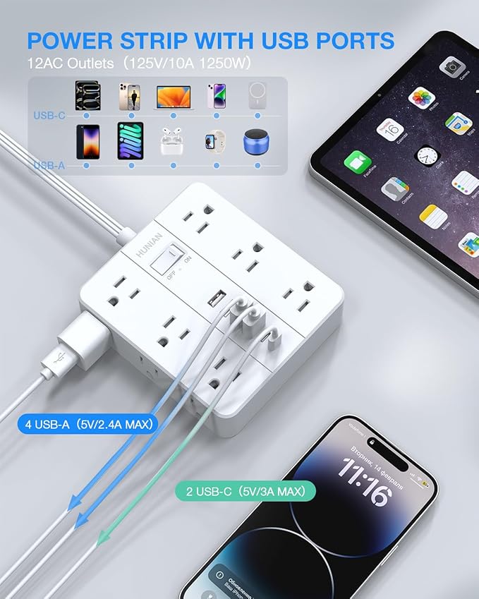 Surge Protector Power Strip 15 Ft Cord, HUNIAN Flat Plug Extension Cord with 12 Widely Spaced Outlets 6 USB Charger (2 USB C Ports), Desk Charging Station for Home Office Supplies, Dorm Room, White