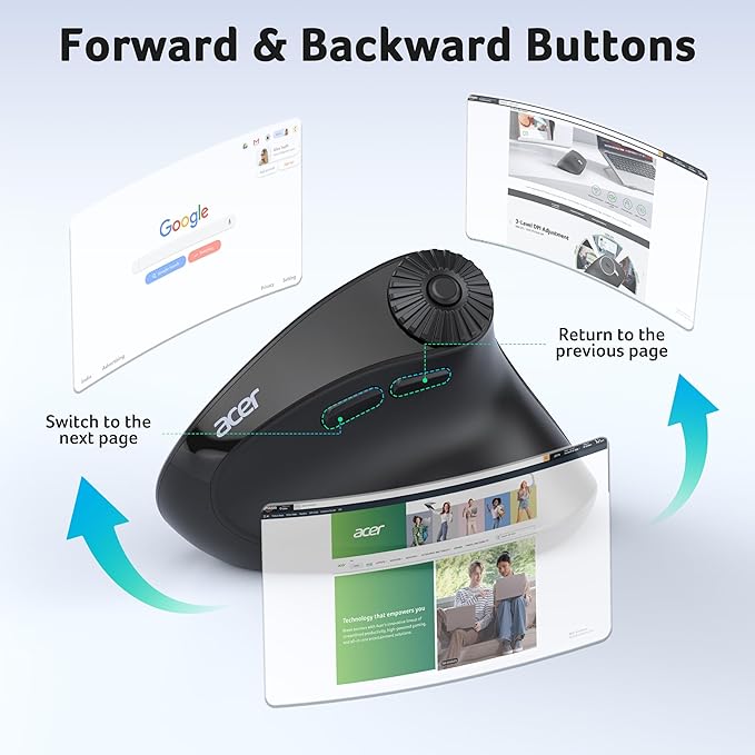 acer Ergonomic Mouse Wireless with Side Scroll Wheel, Bluetooth Mouse for Laptop(BT5.2+2.4GHz), Office Vertical Computer Mice, Right Hand Ergo Mice, 8 Buttons, 2.4GHz USB Receiver for PC and Desktop