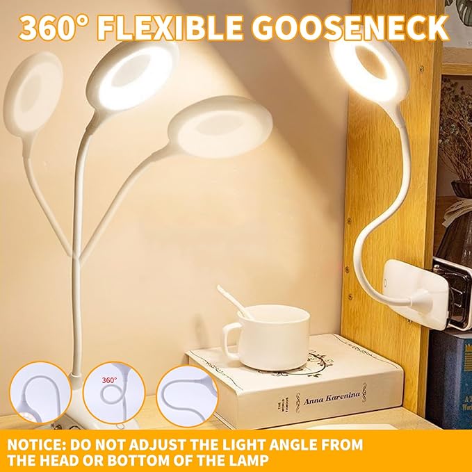 Desk Lamp Clip on Reading Light, Portable Rechargeable Desk Light Mini Clip Lamp, Dorm Room Essential Clip on Light Wall-Mounted, Bedside Lamp with Clamp, Rechargeable Reading Lights for Dorm Makeup
