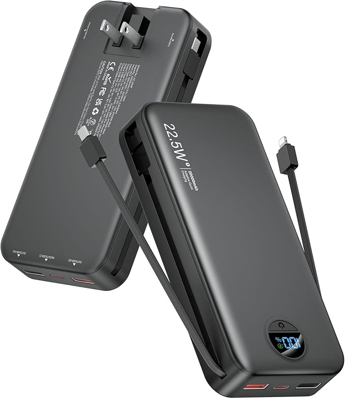 Portable Charger Power Bank, 20000mAh 22.5W USB C Fast Charging with Built-in Cables & Wall Plug, External Battery Bank with LED Display, Travel Essential Compatible with iPhone, iPad, Samsung Black