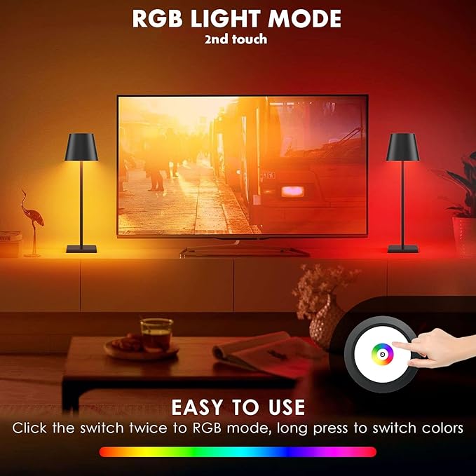 2 Pack LED Cordless Table Lamp with RGB & Stepless Dimming Rechargeable Battery Desk lamp 3W 5500mAh Battery Operated with Modern Portable Table Light for Indoor/Outdoor IP54 Waterproof (Black)