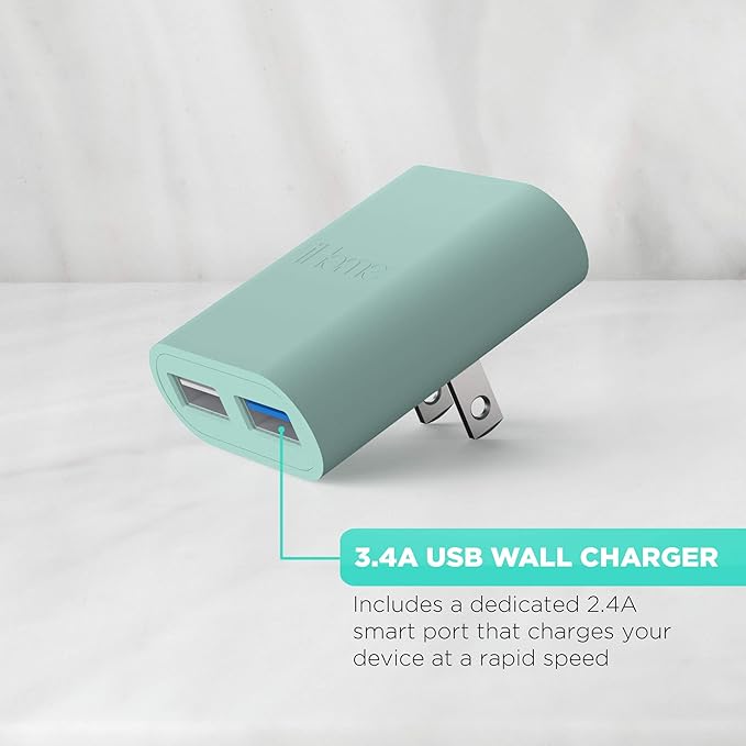 iHome 2-Port USB Wall Charger, AC Pro Multiport Plug Adapter, Phone Charging Block with Dual Ports, Flat Wall Adapter for Home & Travel
