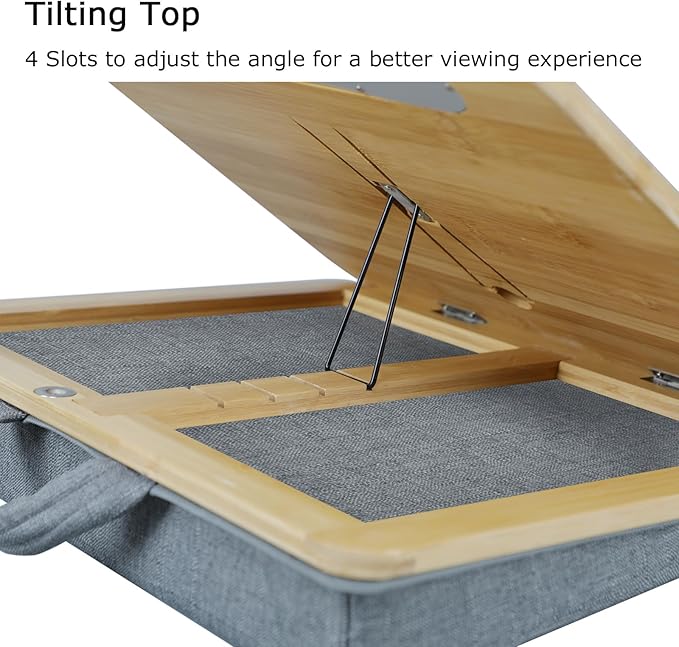 Adjustable Lap Desk for Laptop with Cushion, Bamboo Laptop Stand with Anti-Slip Strip Tablet Phone Holder, Fits up to 15.6 inch or 14 inch with Mouse Space
