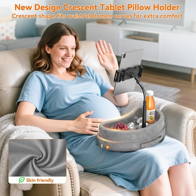 KDD Tablet Pillow Stand with Storage Tray - Adjustable iPad Holder for Lap, Bed and Desk - 360° Rotating Gooseneck Phone Stand Compatible with iPad Pro 12.9, 10.5, 9.7, Air Mini, Phone, E-Reader