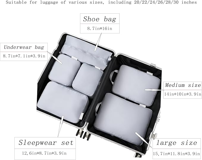 6-piece travel compression packaging cube - foldable travel bag expandable, luggage storage bag. (haze blue)