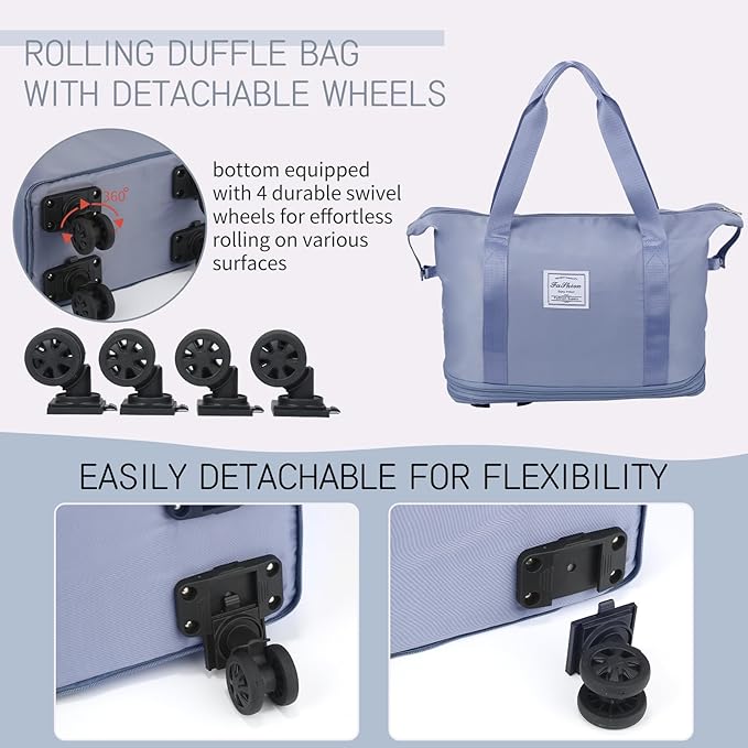 VOOWO Rolling Duffle Bag with Wheels, Expandable Foldable Duffle Bag for Travel, Rolling Under Seat Luggage Carry on Duffel Bags, Wheeled Travel Duffel Weekend Bags, Capacity 18L to 44L (Blue)