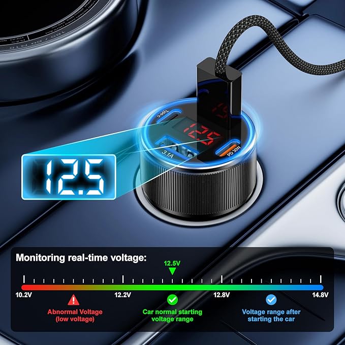 Car Phone Charger, Besgoods USB C Car Charger Adapter 4 Ports with Voltmeter PD&QC Fast Charging Cigarette Lighter USB Charger for iPhone 17 16 15 14 13 Galaxy S25 S24 A54 A16 Dashcam Car Acc, 2Pack