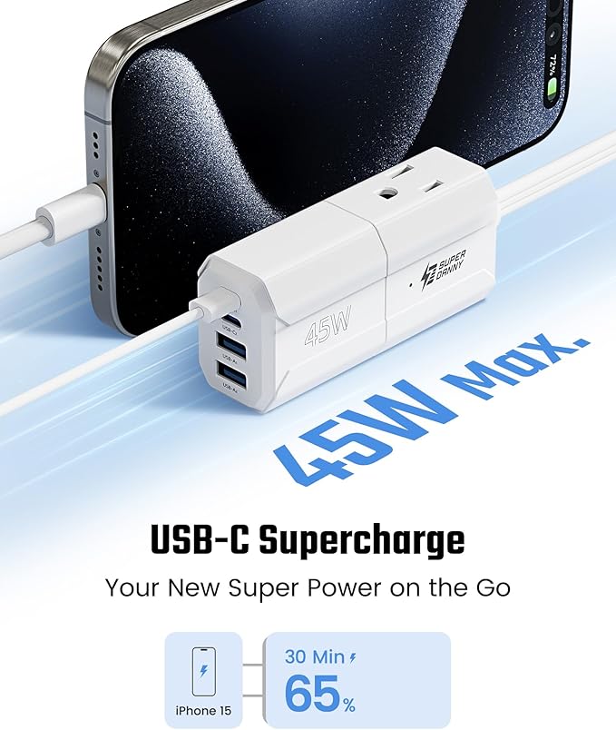 SUPERDANNY Detachable Travel Power Strip,45W USB Fast Charge,2 USB-C & 2 USB-A with 3 Outlets Flat Plug Extension Cord 5ft,Portable Charger for Travel Essentials for Travel Cruise Home, White