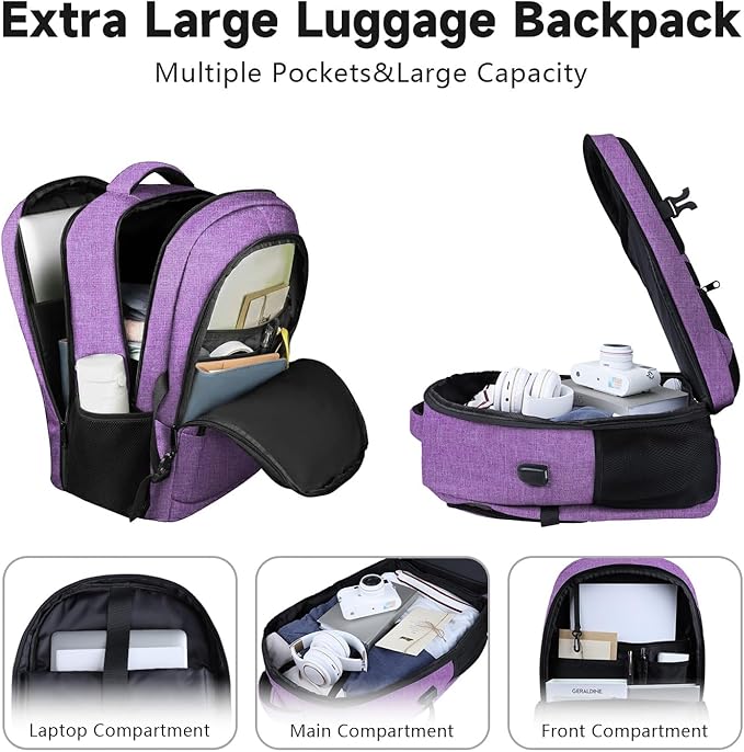 Lapsouno Extra Large Travel Backpack, Travel Laptop Backpack, Multiple Pockets 17.3 Inch Carry on Backpack with USB Port, TSA Friendly Water Resistant College School Business Bag for Women, Purple
