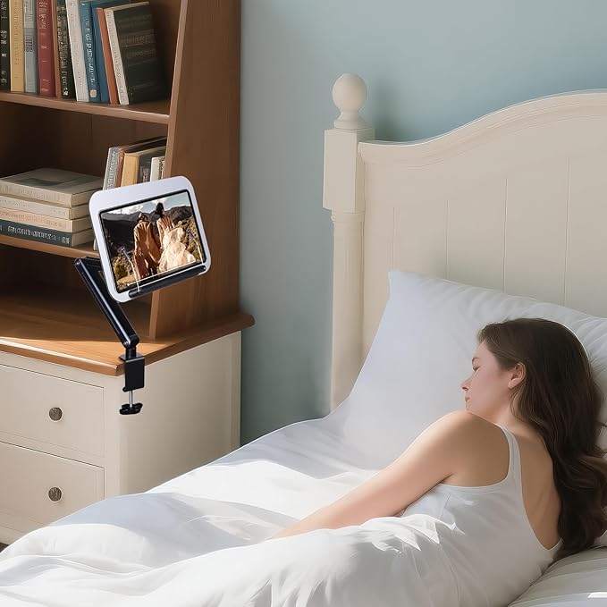 ASIEIT Desk Clamp Book Stand, Aluminum Book Holder Adjustable Height & Angle, Cookbook Stand for Kitchen, Recipe Book Holder with 360° Swivel Base, Book Stand for Reading, Office, Laptop